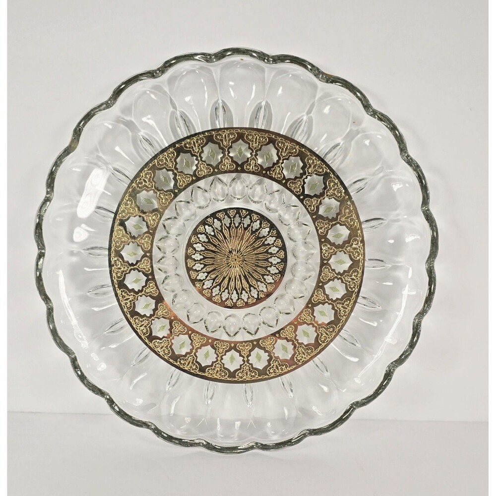 Vintage Culver 10” 22 Karat Gold Leaf & Green Diamond Glass Plate Platter